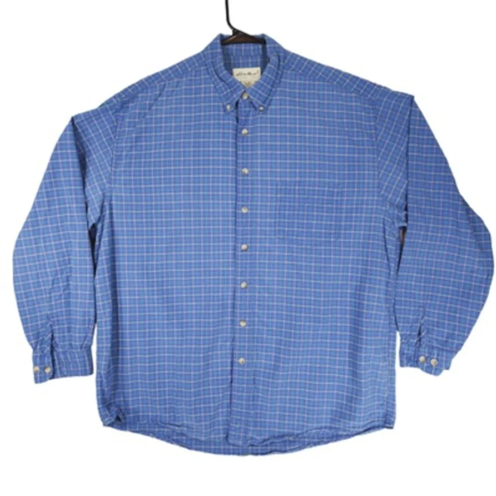 Eddie Bauer XL Mens Button Down Shirt Plaid Blue Green Yellow 100%‎ Cotton
